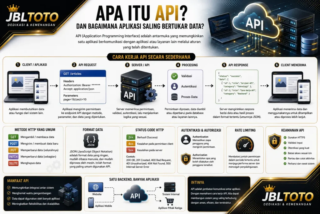 Ilustrasi cara kerja API dalam menghubungkan aplikasi, server, dan pertukaran data