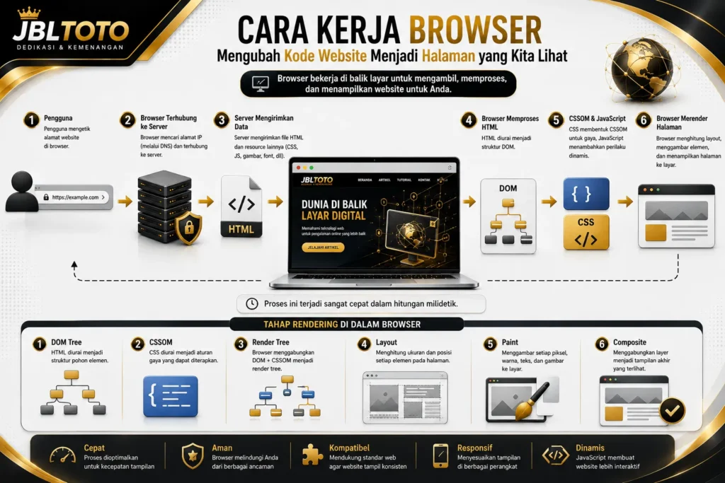 Ilustrasi cara kerja browser dalam memproses HTML, CSS dan JavaScript hingga menjadi halaman website