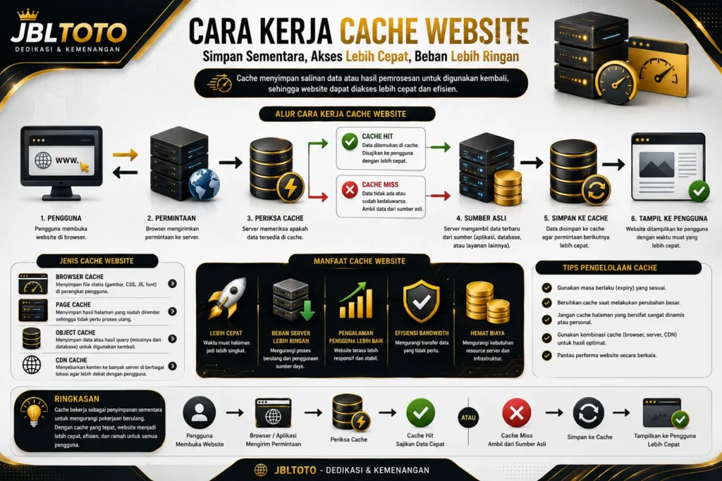 Ilustrasi cara kerja cache website dalam menyimpan data sementara untuk mempercepat akses halaman