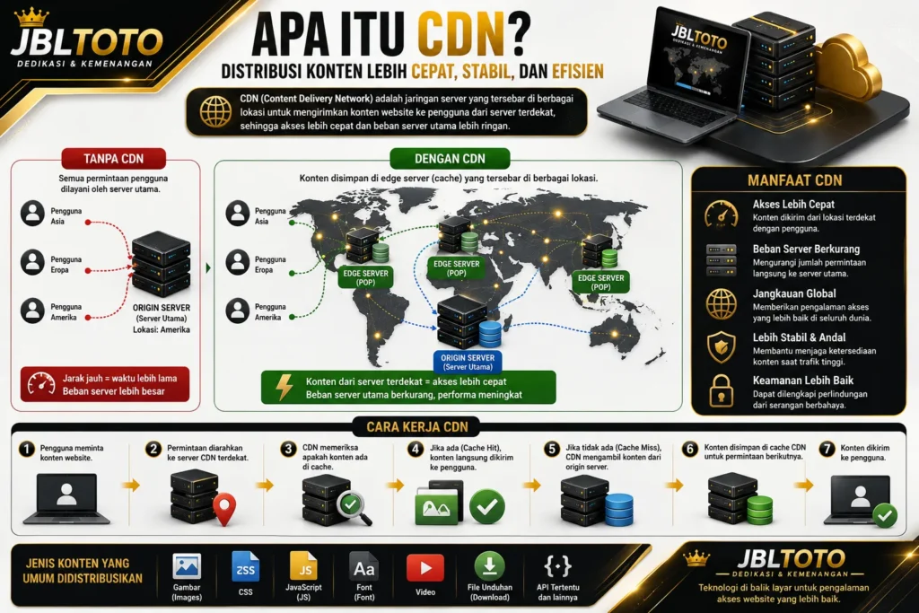 Ilustrasi cara kerja CDN dalam mendistribusikan konten website melalui edge server