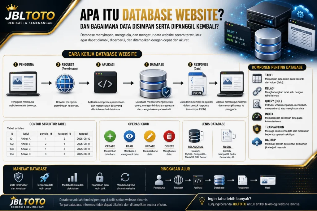 Ilustrasi cara kerja database website dalam menyimpan, memproses, dan menampilkan data
