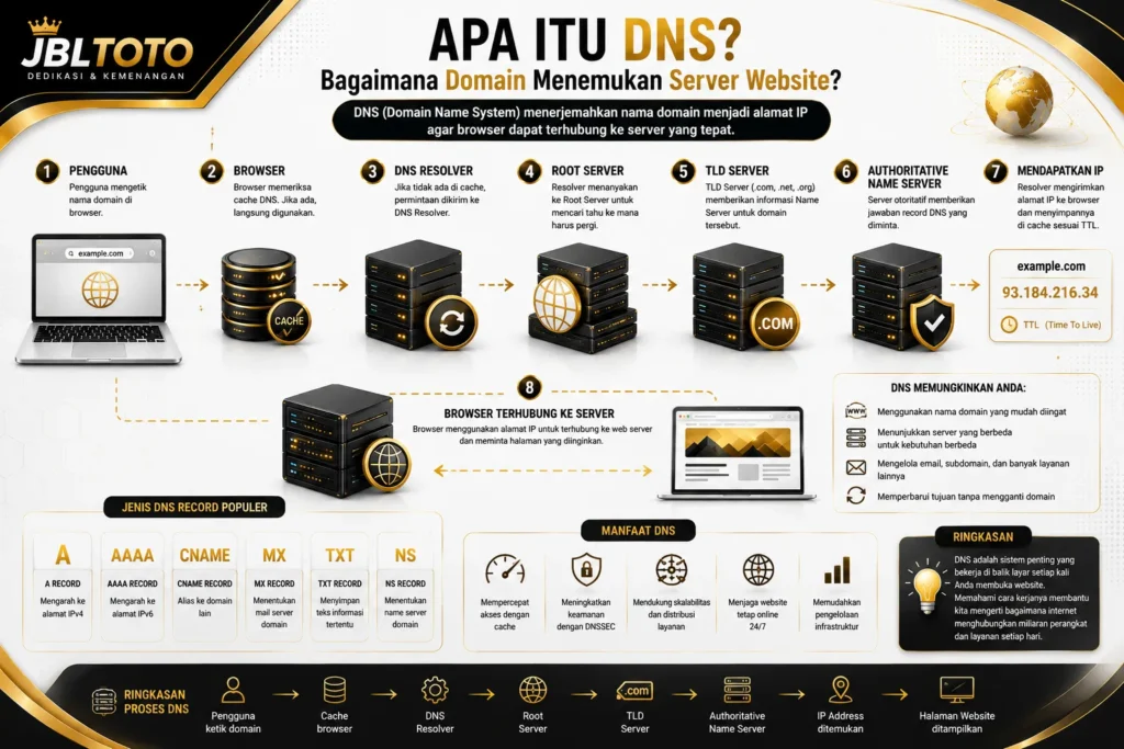 Ilustrasi cara kerja DNS dalam menerjemahkan nama domain menjadi alamat IP server website