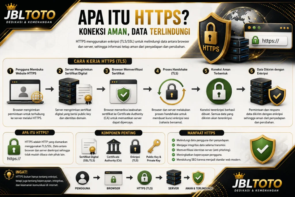 Ilustrasi cara kerja HTTPS dalam melindungi komunikasi antara browser dan server dengan enkripsi TLS