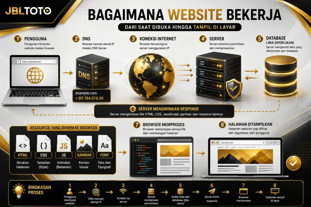 Ilustrasi cara kerja website dari browser, DNS, server hingga halaman tampil di layar