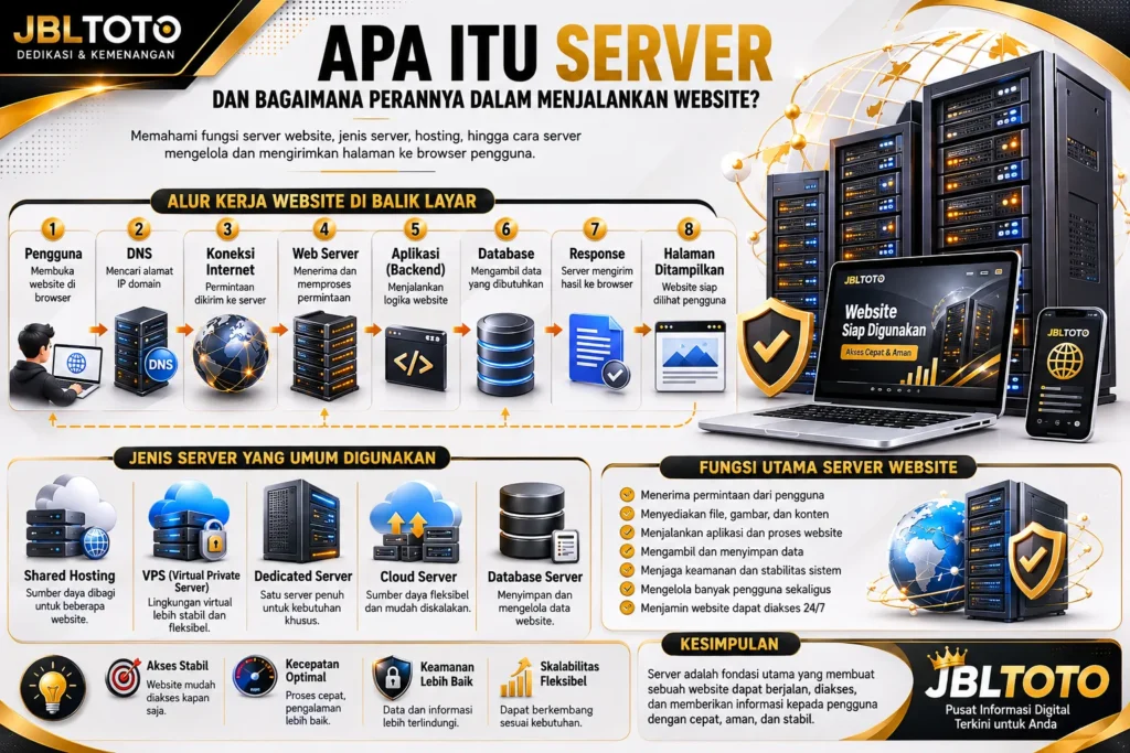 Ilustrasi fungsi server website dalam memproses permintaan pengguna dan mengirimkan halaman ke browser
